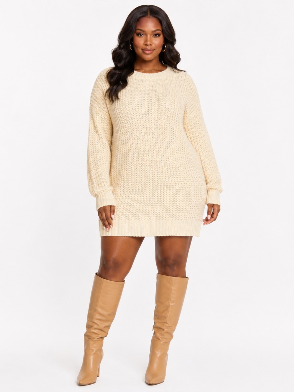 Boohoo Cream Chunky Knit Sweater Dress Long Sleeve Cozy Mini Dress L
